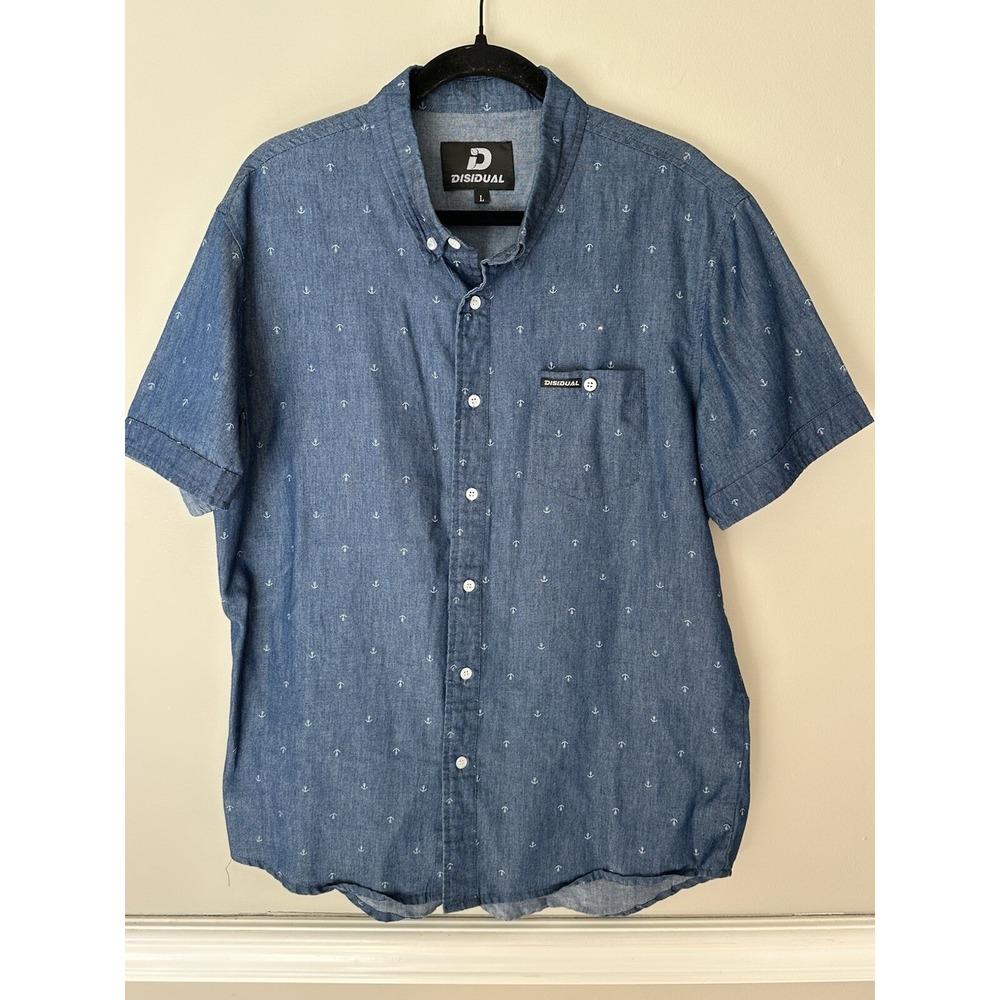 Disidual Men's Light Weight Button Up Denim With Anchor Embroidery Size Large